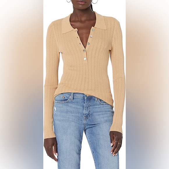 ZARA Beige Ribbed Collared Long-Sleeve Modest Shirt Top Sweater Silver Snaps M - Picture 2 of 12